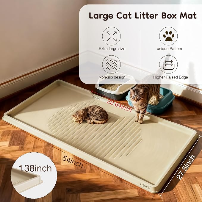 ISSEVE XXL Cat Litter Mat, Extra Large Silicone Litter Box Mat, Beige | 54" x 27.5" XXL, 1.38" Raised Edge, Urine Proof, Litter Trapping Mat for Scatter Control, Soft on Kitty Paws, Protect Floor - Image 3