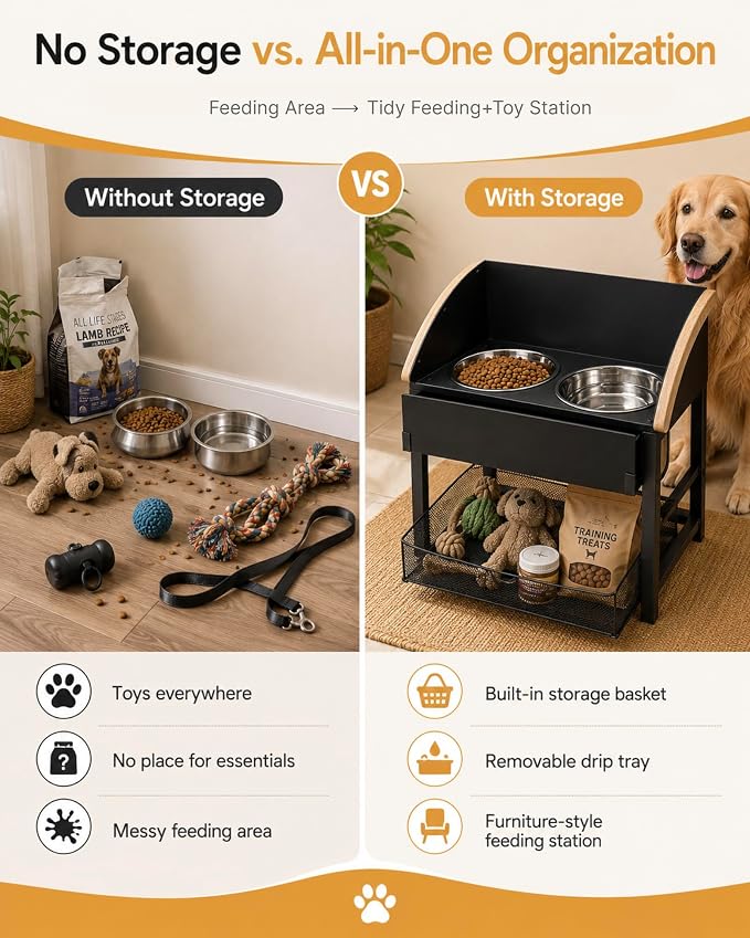 Elevated Dog Bowls for Large Breed Dogs with Storage Basket, 13 Inch Tilted Raised Dog Bowl Stand with Stainless Steel Bowls, Metal Dog Feeding Station - Image 2