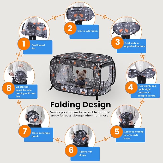 Portable Collapsible Pop Up Kennel, 40" L x 27" W x 27" H, Face of Love | Collapsible indoor/outdoor travel cat and dog crate with mesh screen windows pops up and folds flat for easy storage - Image 5