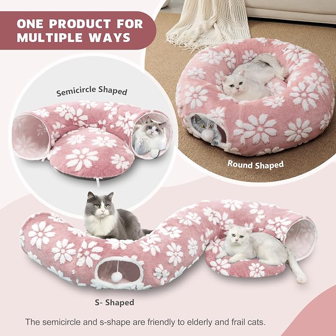 Cute Round Cat Tunnel for Indoor Cats, Pink | Peekaboo Cat Cave with Dangling Balls, Pet Donut Tunnel Bed with Circle Mat for Puppy Kitten Rabbit - Image 2