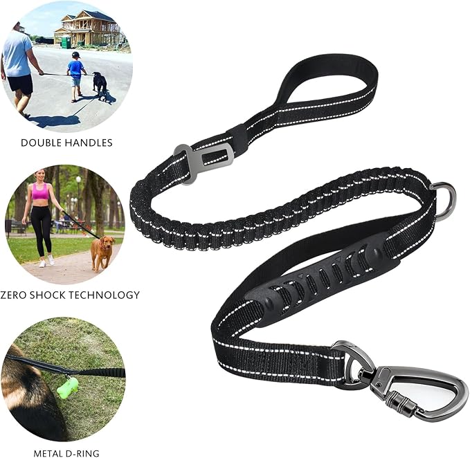 Heavy Duty Bungee Dog Leash with Locking Carabiner for Large Dogs | No Pull Bungee Shock Absorbing, 2 Padded Handles for control, Fits 60-150 lbs Dogs, Seatbelt Buckle, Reflective - Image 9