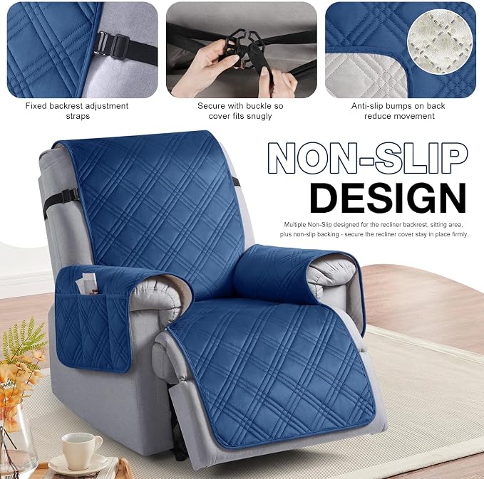 TAOCOCO 100% Waterproof Recliner Chair Cover, Recliner Covers for Recliner Chair with Pocket, Non Slip Reclining Chair Cover Furniture Protector for Kids, Pets(30'', Dark Blue-Velvet) - Image 6