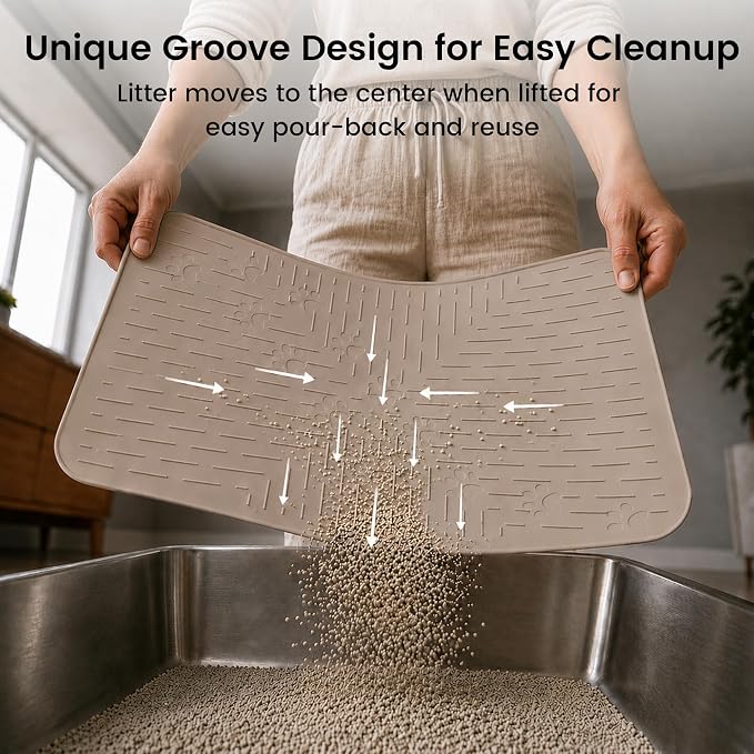 Cat Litter Mat, 23.5x16 Silicone Trapping Mat Beige | for Kitty Litter Box, Easy Clean, BPA Free Rubber, Center Litter Collection, Easy Pour-Back, Waterproof, Odor-Resistant - Image 4