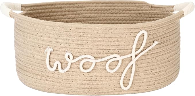 Sea Team Dog Toy Storage Basket with Handles, Beige Woof | Large Cotton Rope Storage Bin, Shelf Basket, Organizer for Pet Chew Toys, Foods, 16.5 x 11 x 7 Inches, 4.4 Gallons by SeaTeam