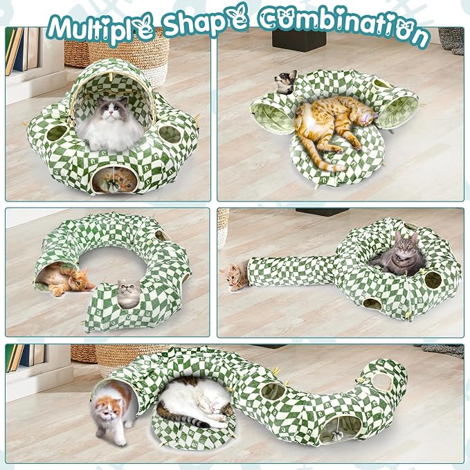 Cat Bed and Tunnel Toy - Cat Donut with Straight Tunnel, Washable Cushion, 4 Hanging Balls, 6 Peek Holes, Collapsible, Green - Image 2