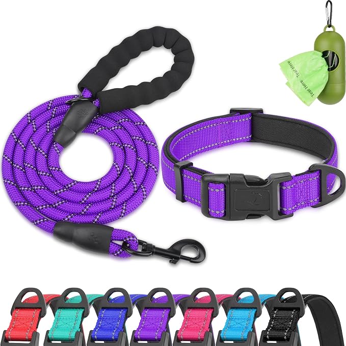 Dynmeow Reflective Dog Collar and Leash Set for Puppy Small Dogs, Purple | Soft Neoprene Padded, 6FT Climbing Rope, Ideal for Daily Outdoor Walking or Indoor Wearing, Night Visible for Safety by Dynmeow