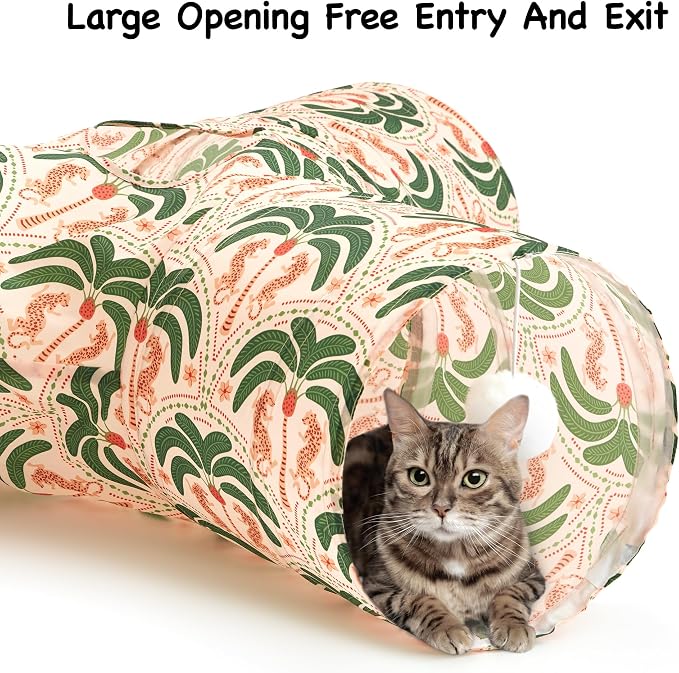 Tempcore Cat Tunnel for Indoor Cats, 3 Way Collapsible Pet Play Tunnel with Teaser Wand, Peek Holes & Hanging Ball, Interactive Tube for Kittens & Rabbits, Khaki Coconut Tree - Image 4