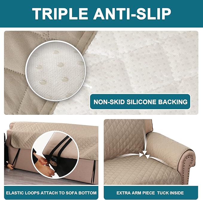 Turquoize 100% Waterproof Sofa Covers Couch Cover Sofa Cover for Dogs Couch Protector Triple Non-Slip Sofa Slipcover for 3 Cushion Couch Furniture Protector for Pets, Kids,Dog (XL Sofa 78", Khaki) - Image 4