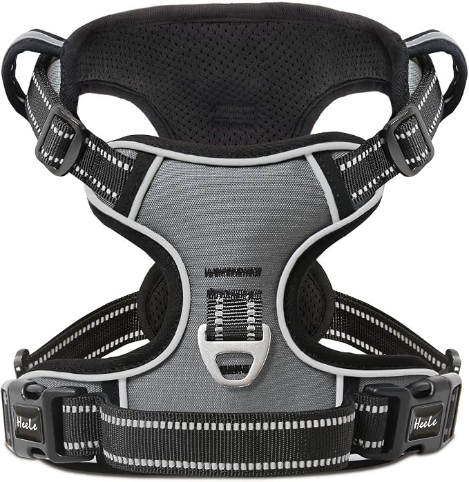 HEELE Dog Harness, No Pull Adjustable Padded Reflective Harness for Small Medium Large Dogs with Handle for Walking Training, Grey, XL | Soft Breathable Padded for Large Harness, No Pull No Choke, Adjustable 2 Metal Rings for Outdoor Walking Training by HEELE