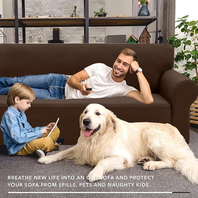 XINEAGE Stretch Jacquard Sofa Cover, Non Slip Sofa Slipcover for Dog | High-Stretch Fabric. Wear-Resistant, Pet Friendly. Easy Install & Washable for Living Rooms, Offices.Coffee - Image 4