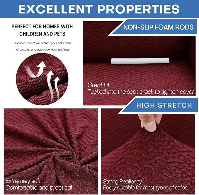 XINEAGE Stretch Jacquard XL Sofa Cover, Non Slip Sofa Slipcover for Dog | High-Stretch Fabric. Wear-Resistant, Pet Friendly. Easy Install & Washable for Living Rooms, Offices.Wine Red - Image 4
