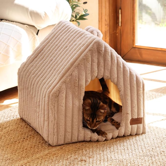 FUKUMARU Cat Bed Cave, Enclosed Washable Covered Dog Bed with Support Frame | Large Cat House for Indoor Cats, Cozy Cat Hideaway for Anxious Cats, Soft Plush Faux Fur Cat Tent Bed, Non-Slip Bottom - Image 6
