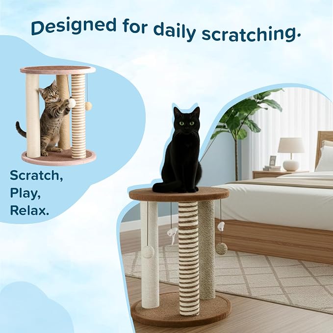 Cat Scratching Post - 3 Scratcher Posts with Carpeted Base Play Area and Perch - Furniture Scratching Deterrent for Indoor Cats by PETMAKER (Brown), Large | Large Tower Furniture Scratching Deterrent with Perch and Play Area for Indoor Cats and Kittens - Image 8