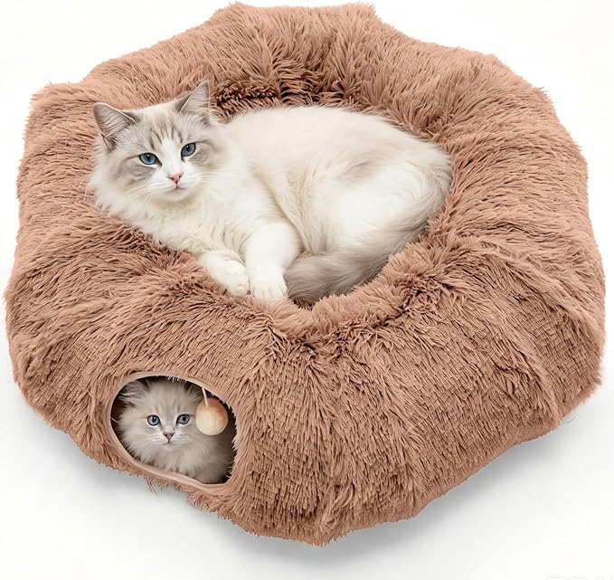 DUMOS Cat Tunnel Bed for Indoor Cats, Cave Donut Play Tunnel, Modern Brown | Soft Plush Peekaboo, Washable Circle Cushion, Multifunctional Playground Under Tree Toys for Kittens, Puppy, Rabbit, Ferret by DumosLifestyle