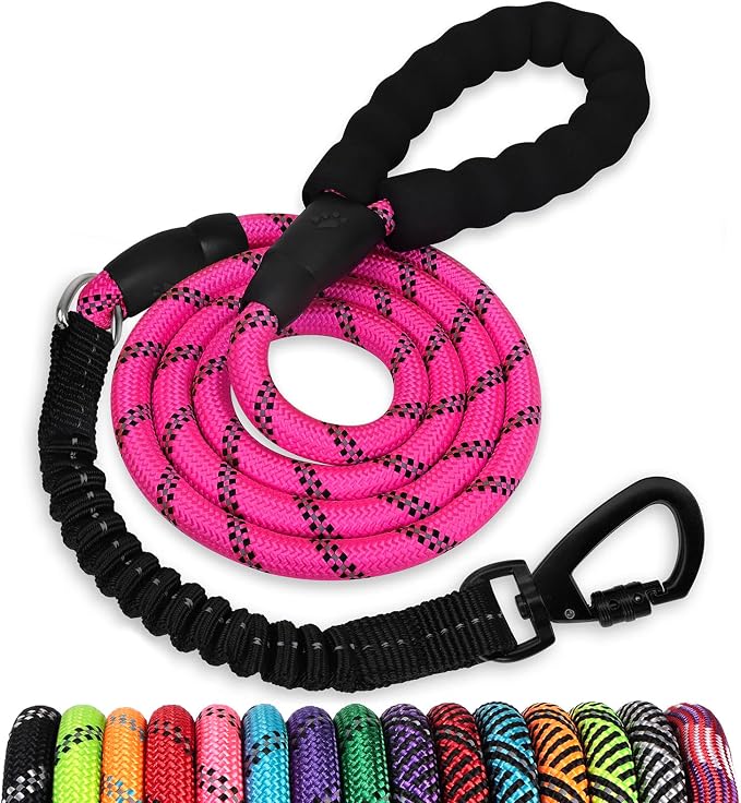 Rope Dog Leash 6 FT: Heavy Duty Leashes with Swivel Lockable Hook Reflective Threads Bungee and Padded Handle - Dog Lead for Large Small Medium Dogs Outside Walking Hiking Pink by jenico