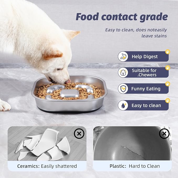 Nicelock Slow Feeder Dog Bowls 304 Stainless Steel 5 Cups, Large Capacity Dog Food Slow Feeding With Non-Slip Rubber Base, 2-in-1 Slow Feeder Metal Dog Bowl for All Breeds Size - Image 5