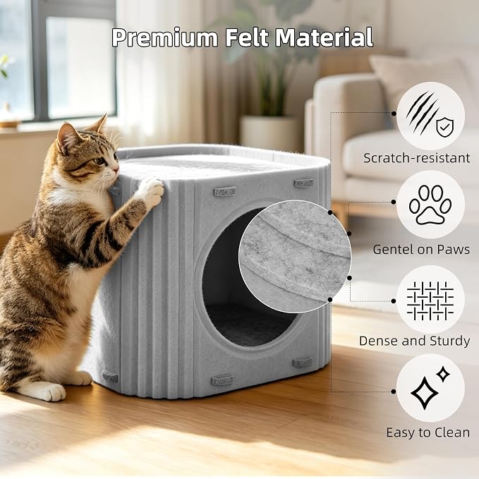 Cat House for Indoor Cats, Felt Cat Bed Cave, Scratch Resistant, Gray | Cat Hideaway Enclosed Bed, Thick Cat Bed Cave, Hideaway Cat Cave for Timid Cats, Sturdy Two-Tier Cat Condo & Cat Houses - Image 6