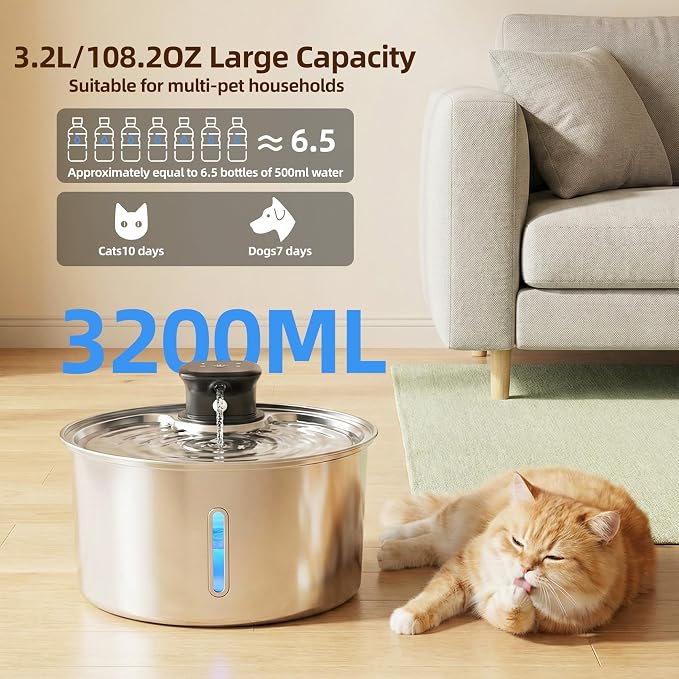 Wireless Cat Water Fountain,3.2L Stainless Steel Battery Operated | 1 Pack Filters | Cordless & Rechargeable | Motion Sensor | BPA-Free | DishwasherSafe | 20dB Ultra-Quiet | 108oz capacity - Image 3
