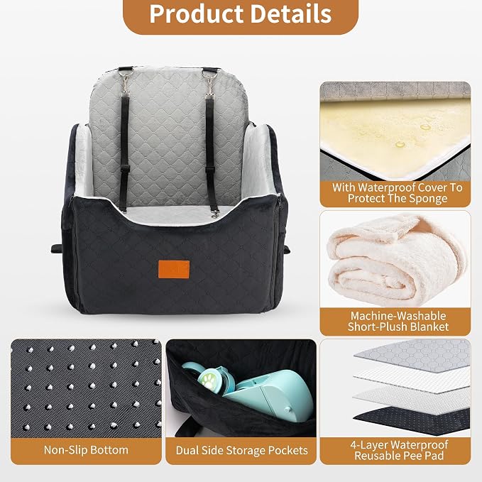 XEEP Dog Car Seat Bed for Small/Medium Dogs Up to 35 lbs, Memory Foam | 2-in-1 Design, Includes Blanket & Urine Pad, 2 Height-Adjust Cushions, Two Safety Tethers, Machine Washable Cover(Black/Grey) - Image 4