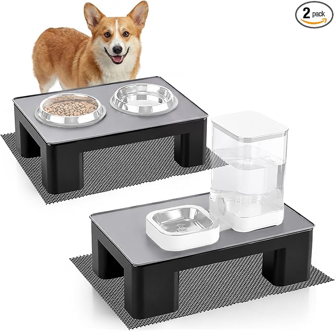 2 Pcs Elevated Dog Bowl Stand with Waterproof Dog Food Mat, Non-Slip, Black | Reduce Neck & Joint Strain, Easy to Clean Silicone Pet Feeding Mat, Sturdy Legs, Ideal for Small & Medium Dogs and Cats by Dreyoo