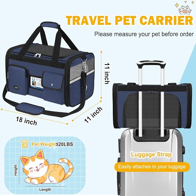 HUANLANG Large Cat Carrier Soft Sided Travel Pet Carrier Airline Approved | Dog Carriers for Small Dogs Medium Cats,Collapsible,3 Storage,zipper lock,Reflective strips,Luggage Strap, Up to 15 Lbs - Image 5