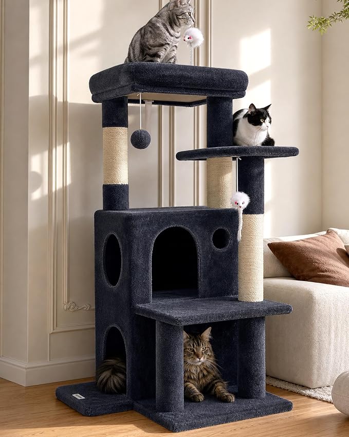 Globlazer Cat Tree Tower for Indoor Cats, 50-inch Adult Cat Tree House for Large Adult Cats with Steps, Scratching Post, 2 Cat Caves, Dangling Toys, FC50, Dark Grey by Globlazer