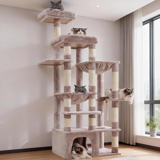 Heybly Cat Tree, 71-Inch Tall Cat Tower for Large Maine Coon Cats HCT037MU | Cat Condo Furniture with Extra-Large Baseboard, Multi-Level Platforms, 2 Hammocks and 12 Scratching Posts, Rosy Brown - Image 9