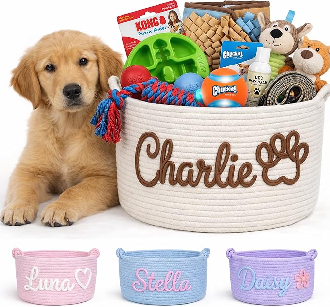 MBBEST Personalized Dog Toy Basket with Name, Cute Custom Dog Toy Storage Bin for Dogs & Cats, Handmade Cotton Rope Dog Toy Box Organizer for Toys, Treats & Blankets, Unique Gift for Pet Lovers by MBBEST