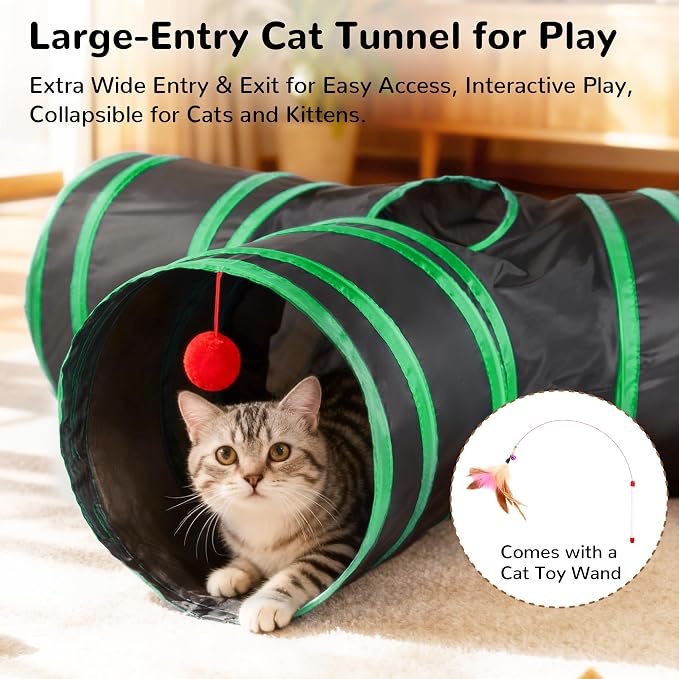 Tempcore Cat Tunnel for Indoor Cats, 3 Way Collapsible Pet Play Tunnel with Teaser Wand, Peek Holes & Hanging Ball, Interactive Tube for Kittens & Rabbits, Black & Green - Image 4
