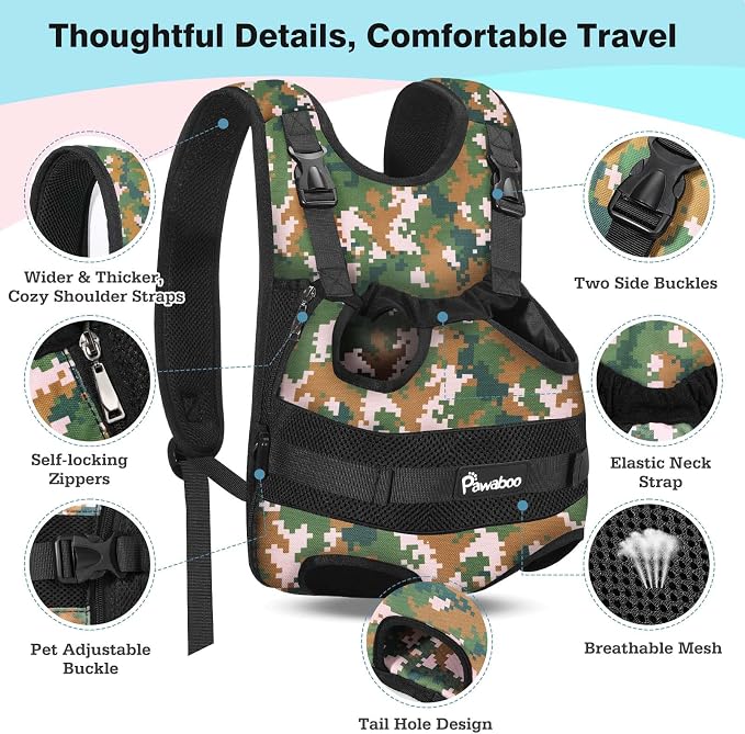 Pawaboo Pet Front Carrier Backpacks for Small Medium Dogs | Legs Out Easy-fit,Adjustable Straps,Hands-free,for Travel Hiking Cycling Camping Camo M - Image 2