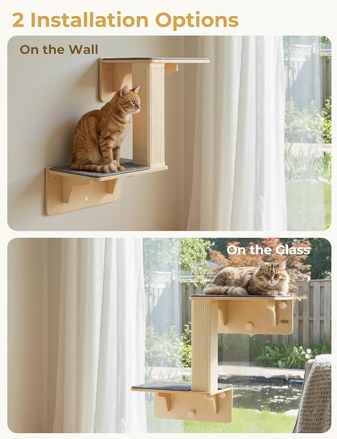 Pecute Double Cat Shelves with Scratching Post for Wall & Window | Solid Wood Frame, Strong Suction Cups, Washable Cover Mat, Cats Perch Bed for Birds Watching Inside, Indoor Cat Hammock Bed - Image 2