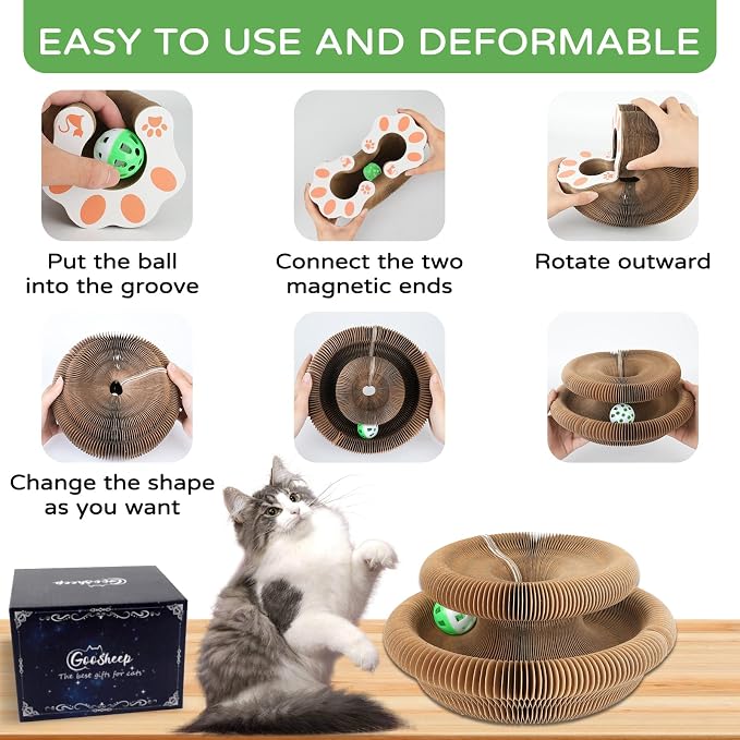 Goosheep 3 Pack Cardboard Cat Scratcher Board,Accordion Toy for Indoor Cats | Magic Organ Cat Scratching Post Sharpening Claws, Foldable Cat Toy with Bell, Exercise&Play for Indoor Small&Medium-Sized Cat - Image 4
