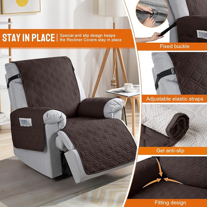 VANSOFY 100% Waterproof Recliner Chair Covers, Recliner Cover Non-Slip Dog Chair Cover Furniture Protector Washable Slipcover with Pocket, Elastic Straps for Pets, Dogs(Chocolate, 23.6") - Image 3