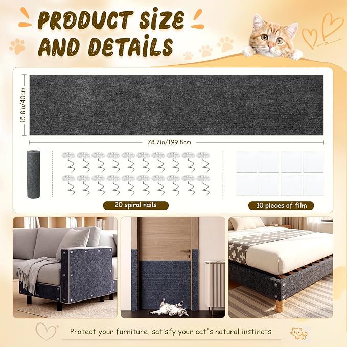 Shinylin 2 Pack Cat Scratch Mat 78.7"x15.8", Dark Gray | Self-Adhesive Trimmable Cat Scratching Carpet, DIY Cat Scratch Pad for Couch Sofa Wall Cats Tree, Durable Furniture Protector - Image 2