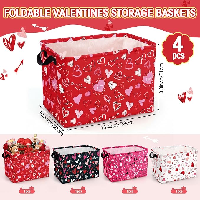 FoldTier 4 Pcs Valentine's Day Storage Baskets Empty Collapsible Valentines Basket with Handles Red Pink Black Heart Storage Boxes for Gifts Home Room Nursery Books Cloth Holiday Containers (Heart) - Image 2