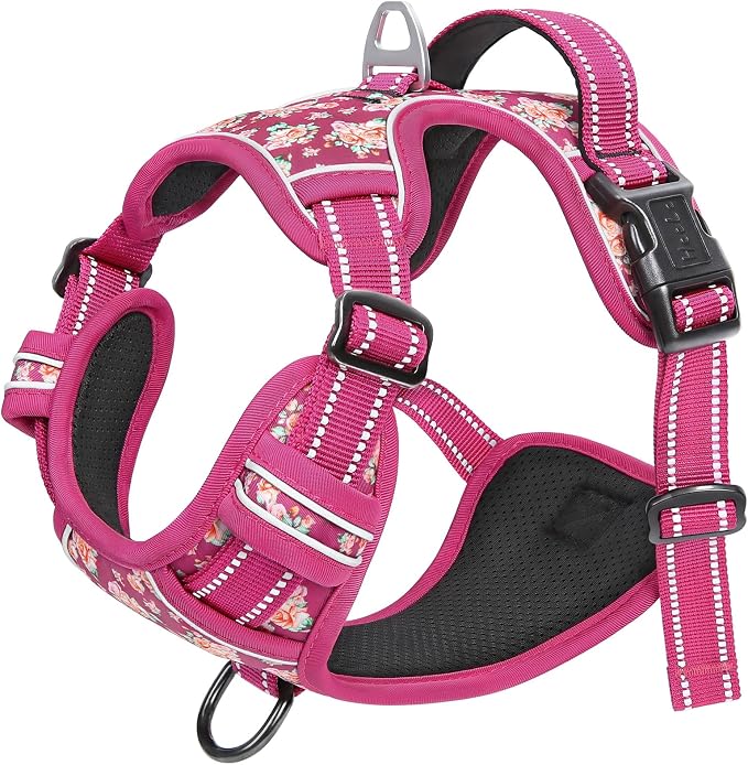 HEELE Large Dog Harness, Reflective, No Pull No Choke, Flower Rose, XL | Front Clip for Large Dog Harness, 2 Metal Rings with Handle, Adjustable, Soft Breathable Padded Pet Vest for Night Walking - Image 6
