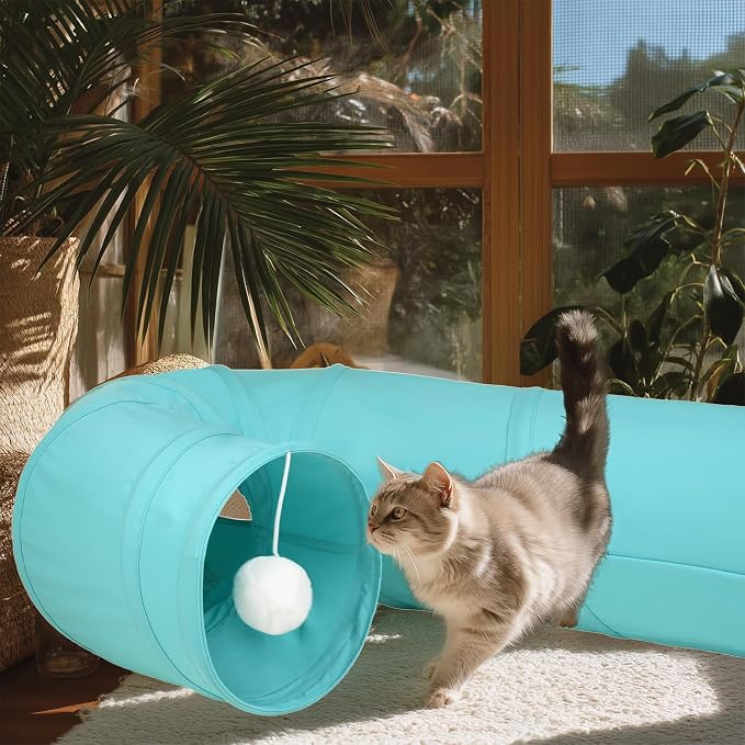 Cat Tunnel, 2-Way Collapsible Cat Tube with Interactive Peek-A-Boo Hole, Toy Ball, and Rope – Ideal for Indoor Cats, Kittens, and Rabbits (Light Blue) - Image 7