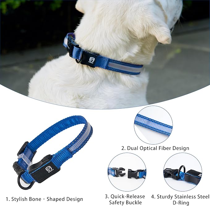 USB Rechargeable LED Dog Collar, Waterproof, Adjustable, Glowing, for Large Dogs, Night Walking, Camping, Jogging, Blue, L (Neck 18-28", Width 1") - Image 4