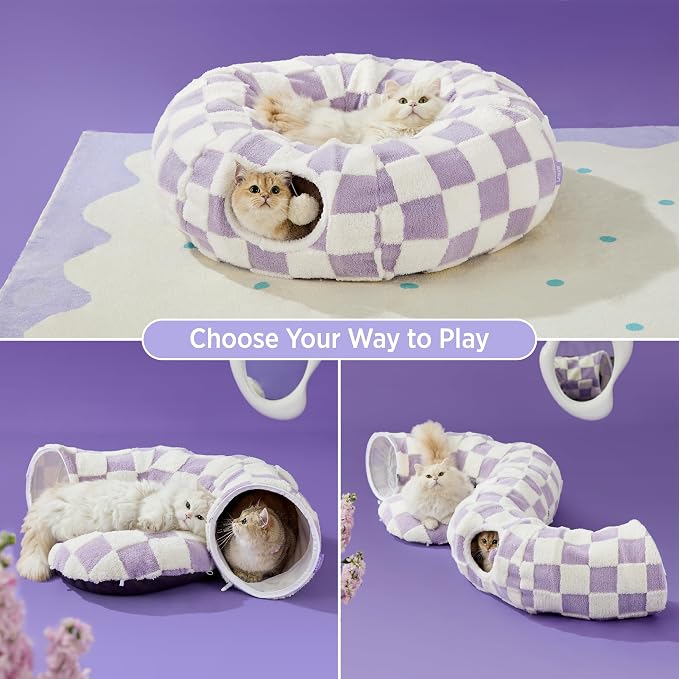 Lesure Donut Cute Jacquard Cat Tunnel Bed Kitten Toys for Puppy Bunny | 33.5x33.5x10in,Round Cat Bed Tube for Indoor Cats Rabbit Dog,Pet Peekaboo Cave Toy,Spiral Hideaway,Washable Cushion,Lavender - Image 2