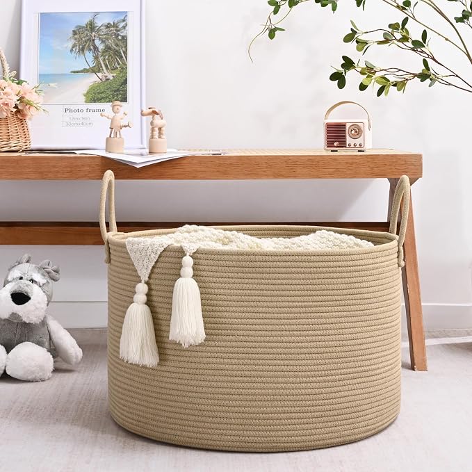 67L Large Woven Blanket Basket, Cotton Rope Baby Laundry Hamper with Handles, Kids Toy Basket for Classroom & Nursery, Soft Round Stuffed Animal Storage, Dog Toy Bin - 20"x13", Brown - Image 2