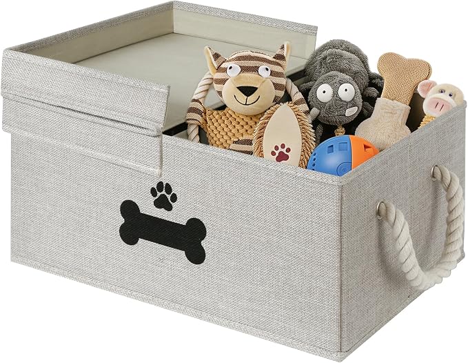 Dog Toy Basket with Double-Open Lid, Divided Dogs Basket for Toys, Collapsible Pet Toy Box, Dog Storage Organizer with 2 Divided Area, Puppy Toys Baskets with Rope Handles, Gray by GreenPetopia