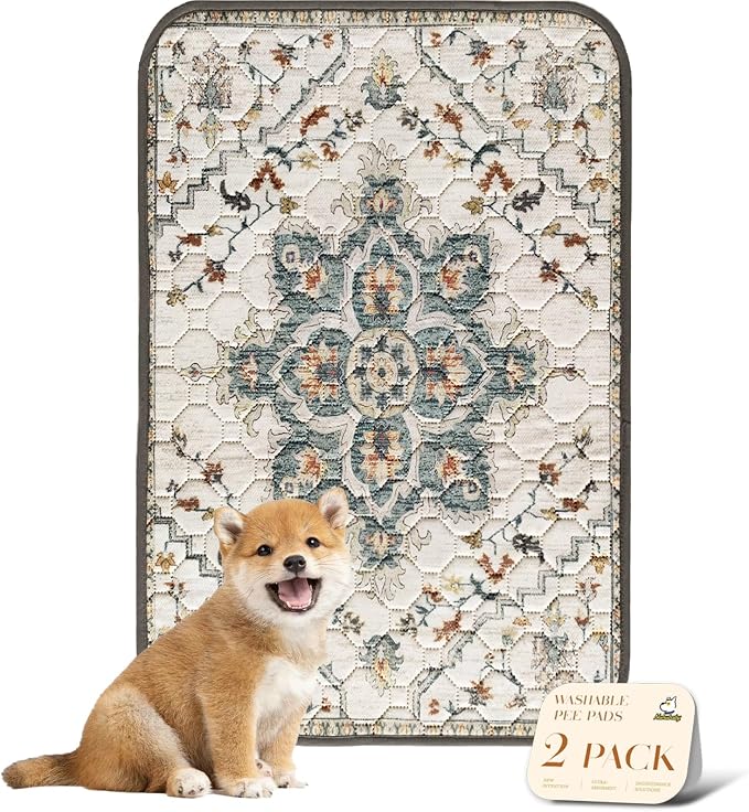 nunubaby Washable Pee Pads for Dogs, Stylish, Non-Slip and Leak-Proof Pee Pads. Reusable Potty Pads for Dogs for Crates and Floors.(Beige/Floral, 24" x36") by Nunubaby