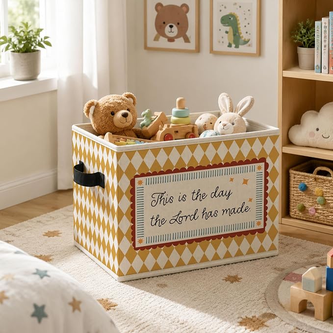 Christian Warm Storage Bins Box, Farmhouse Collapsible Organizer Basket | religious faith storage box basket for books clothes, cream gingham organizer for nursery bedroom playroom, 10x14 in - Image 5