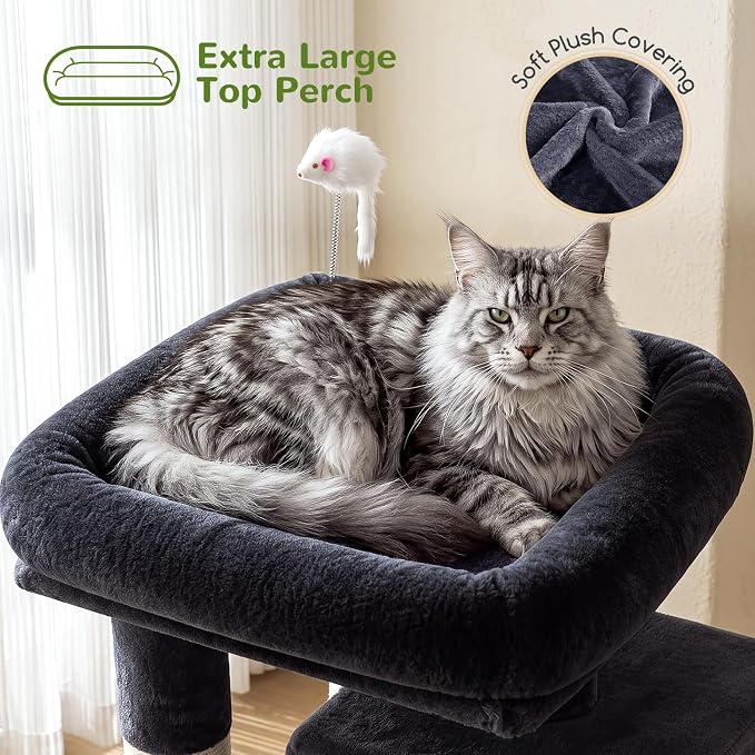 Globlazer Cat Tree Tower for Indoor Cats, 50-inch Adult Cat Tree House for Large Adult Cats with Steps, Scratching Post, 2 Cat Caves, Dangling Toys, FC50, Dark Grey - Image 3
