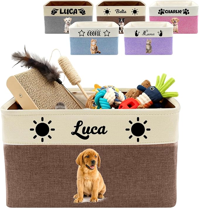 Customized Pet Toy Storage Basket - Personalized Dog & Cat Toy Organizer with Name, Foldable & Durable Fabric Bin for Pet Supplies, Organizer for Toys, Coats, Clothing, Blankets Brown by Unknown