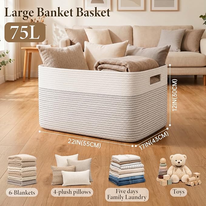 75L Large Cotton Rope Basket, Soft Toy Storage Bin for Nursery & Living Room, Decorative Blanket Basket for Bedroom, Baby-Safe Organizer for Pillows &Laundry, 22''×17''×12'', Black & White - Image 2