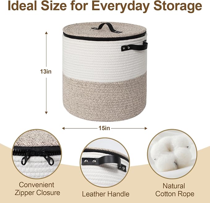 Storage Basket with Lid, 15"x13" Round Woven Blanket Storage for Living Room, Decorative Cotton Rope Hamper with Zipper Top, Wicker Basket with Lid, Floor Covered Kids Dog Toy Bin - Image 2
