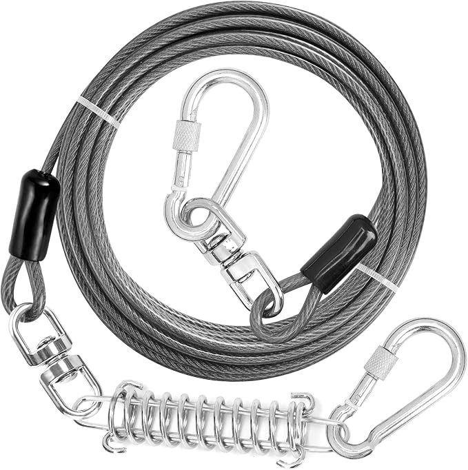 jenico Dog Tie Out Cable - 10 ft Heavy Duty Dog Lead for Yard | Outdoor Runner Cable with Swivel Hook and Shock Spring for Small Medium Large Dogs Up to 500 lbs Dog Tether for Yard Camping by jenico