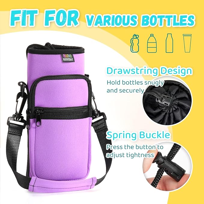 Nuovoware Water Bottle Carrier Bag, 25oz/32oz Bottle Pouch Holder, Adjustable Shoulder Hand Strap 2 Pocket Sling Neoprene Sleeve Sports Water Bottle Bag for Men Women Hiking Travel, Taro Purple | Adjustable Shoulder Hand Strap, 2 Pocket, Neoprene Sleev... - Image 4