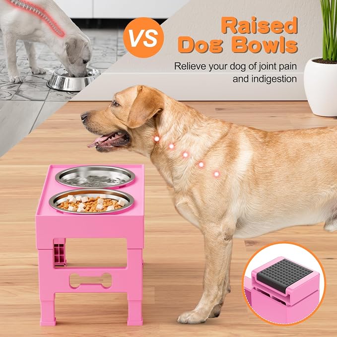 Elevated Dog Bowls with 2 Stainless Steel Bowls, 5-Height Adjustable Stand (3.1", 9" to 12"), for Improved Digestion & Neck Support, Easy Clean, Non-Slip Base Raised Feeder for Medium Large Dogs - Image 5